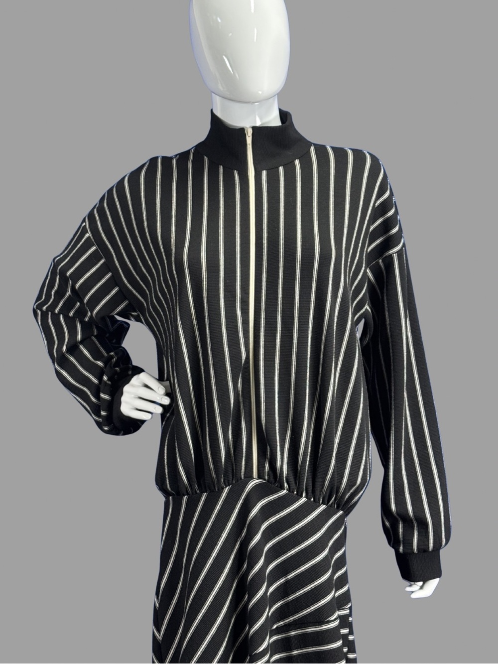 Zara Black & White Striped Asymmetrical Mock Neck Zip-Up Dress